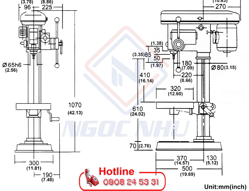 Thông số kích thước máy khoan bàn yi chang bán tự động 16mm model HD-120