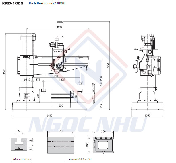 Thông số kích thước máy khoan cần 50mm hiệu Kira Model KRD-1600