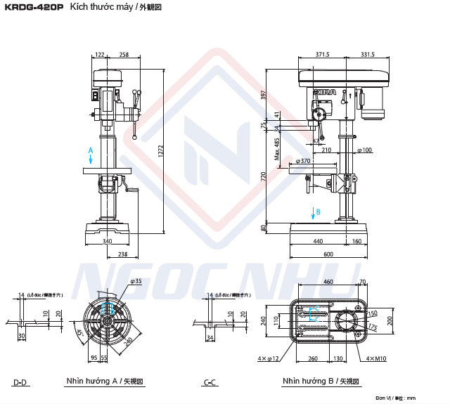 Thông số kích thước máy khoan tự động 19mm hiệu Kira Model KRDG-420P
