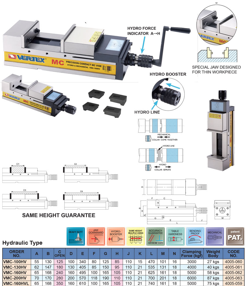 ê tô thủy lực MC chính xác VMC-100HV, VMC-130HV, VMC-160HV, VMC-200HV, VMC-160HVL của Vertex