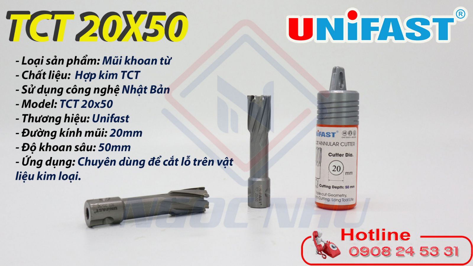 Mũi khoan từ hợp kim TCT 20×50mm hiệu Unifast xuất xứ nhật bản