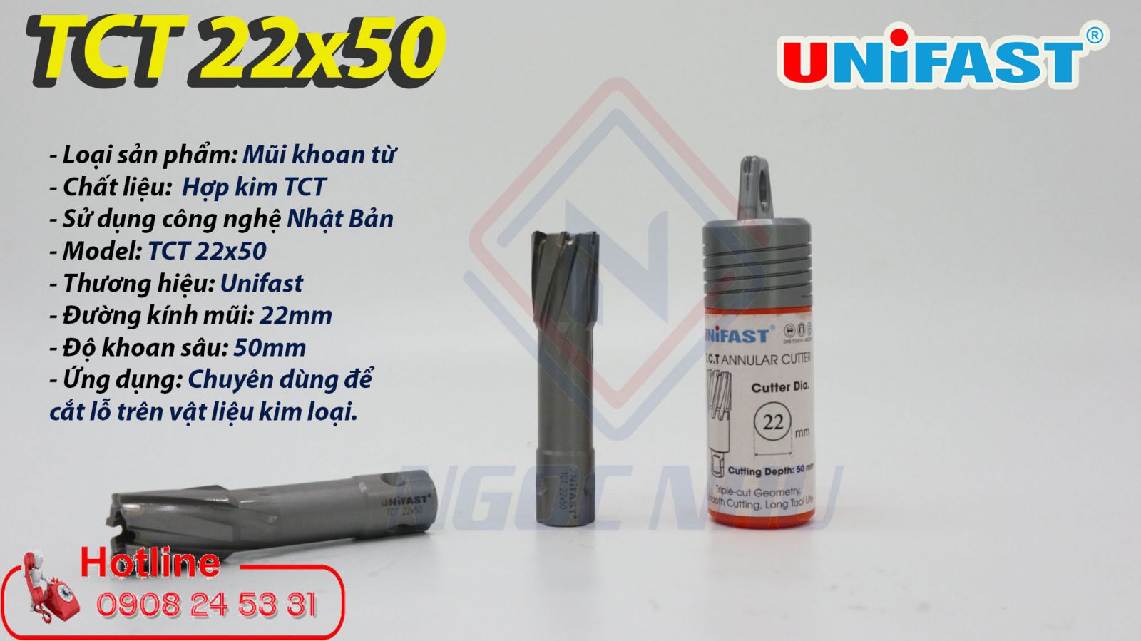 Mũi khoan từ hợp kim TCT 20×50mm hiệu Unifast xuất xứ Nhật Bản